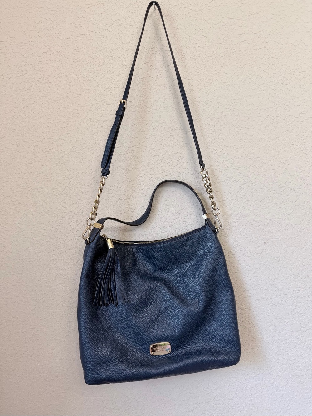 Michael Kors Navy Pebbled Leather Hobo with Tassel and Gold Hardware
